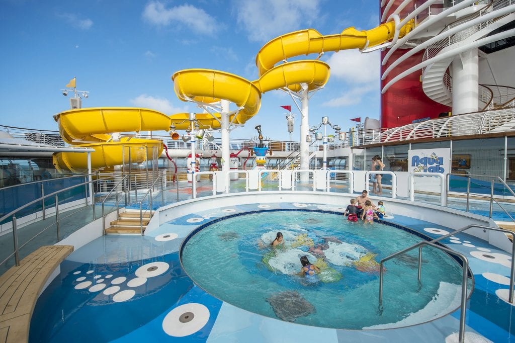 The new AquaLab water playground on the Disney Magic is a fun and fanciful area for families to frolic among pop jets, geysers and bubblers. Interactive games keep kids moving, while the Twist ‘n’ Spout water slide gets them delightfully drenched. (Matt Stroshane, photographer)